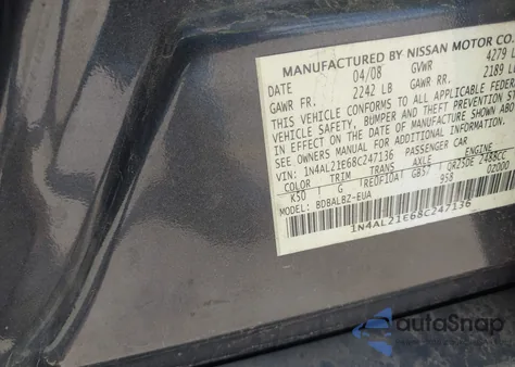 2008 Nissan Altima 2.5 S из США, поврежденный, VIN 1N4AL21E68C247136